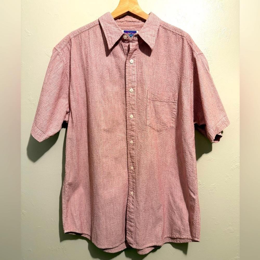 Vintage Northcrest Men's Casual Red and White Seersucker Button Down Shirt Large